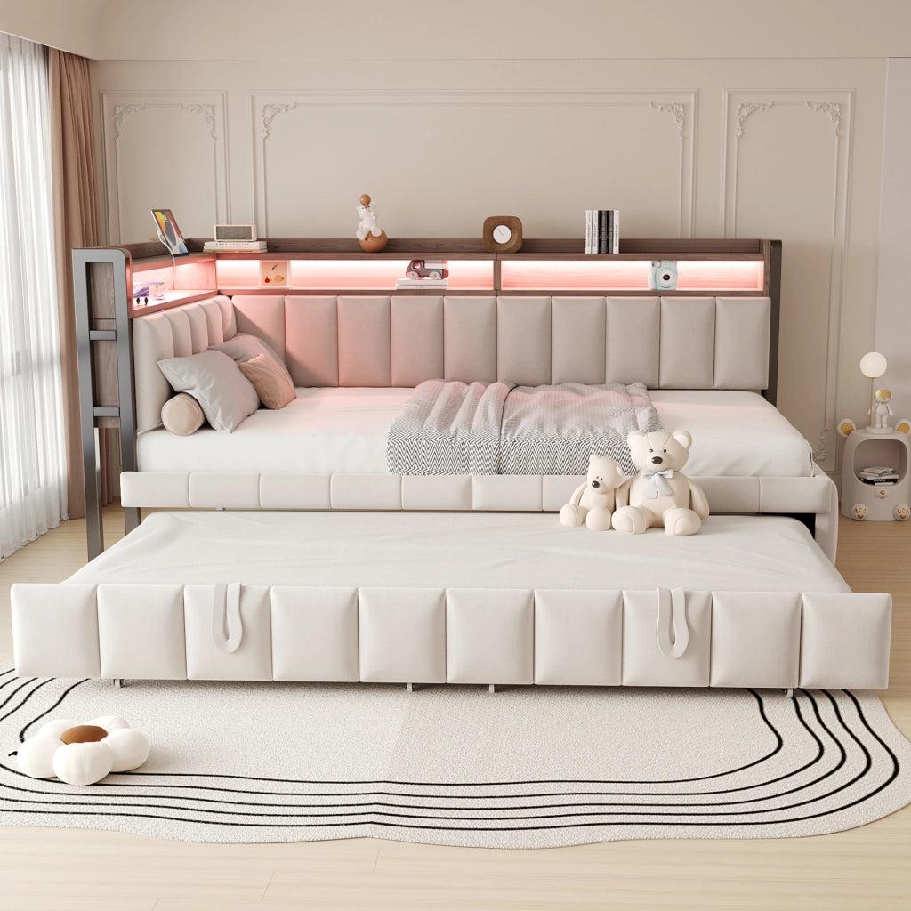 Divano letto estraibile 90x200 cm con LED, USB e USB-C in velluto beige