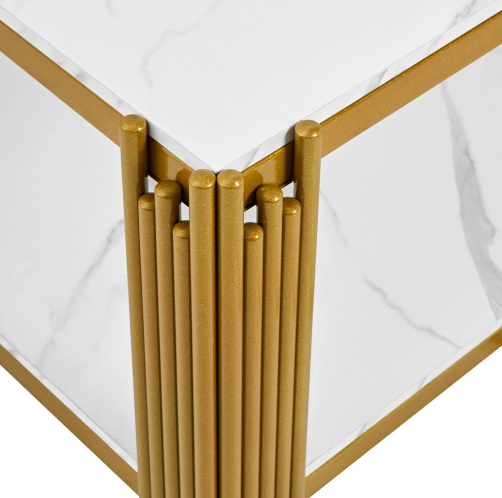 Tavolino da salotto rettangolare con 2 ripiani in MDF e metallo bianco e oro