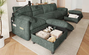 Divano modulare 6 posti a L/U con pouf contenitore; USB e Type-C; chenille verde