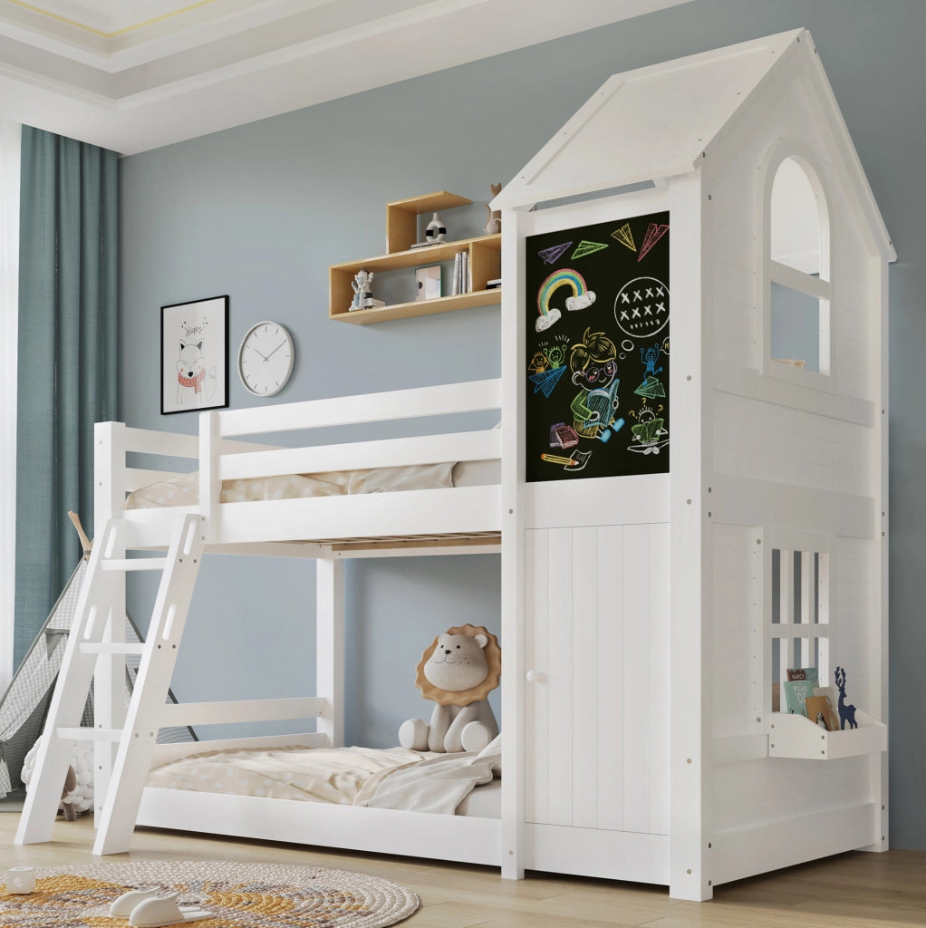 Letto a castello per bambini 90x200 cm con lavagna e scala inclinata in pino bianco