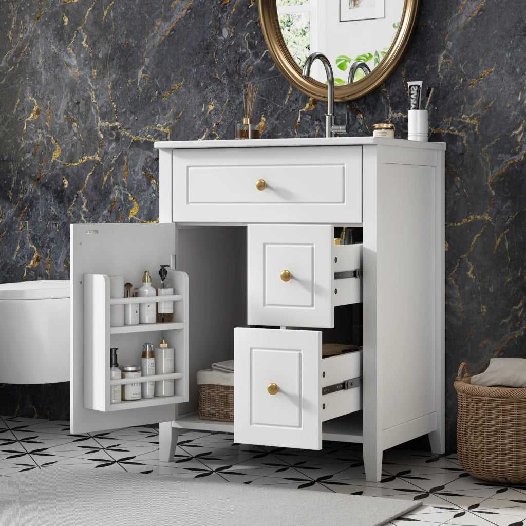 Mobile lavabo da terra 61 cm bianco lucido con lavabo in ceramica e maniglie dorate