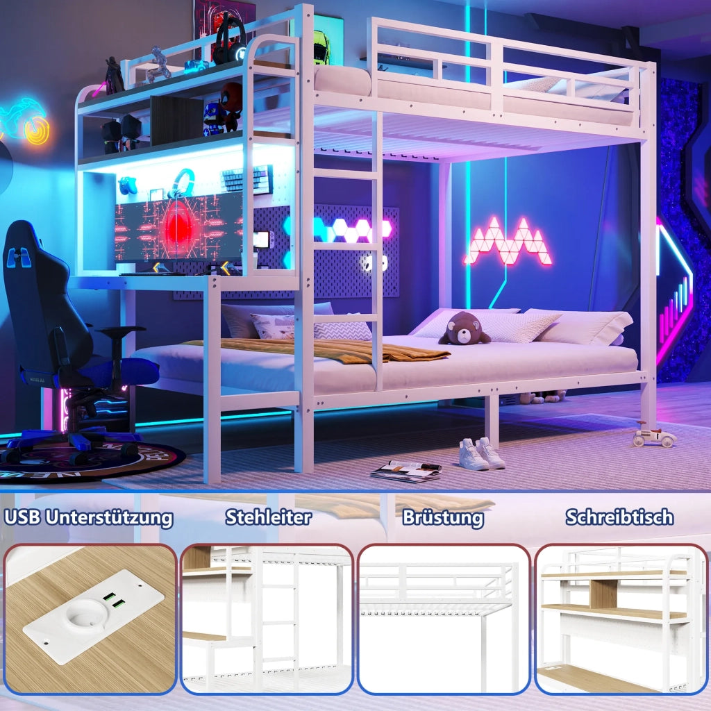 Letto a castello 140x200 cm, struttura in ferro bianco, con scrivania, ripiano, scala, ringhiera di sicurezza, striscia LED e porta USB. Senza materasso