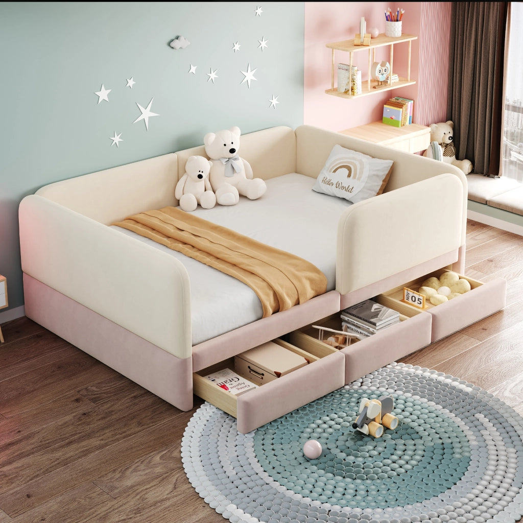 Letto con cassetti 140 × 200 cm imbottito in velluto beige e rosa con bordi arrotondati e 12 doghe
