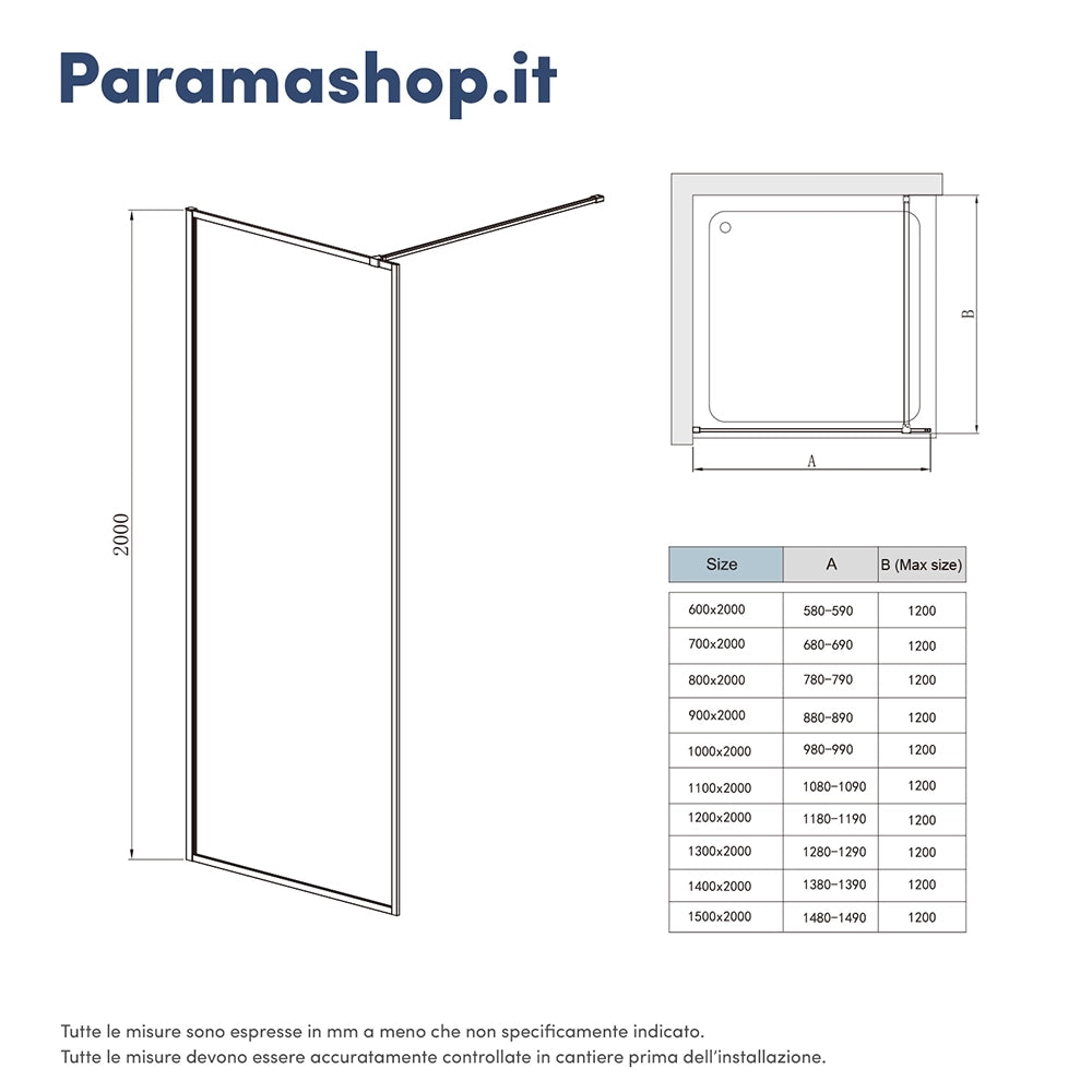 Doccia walk-in full frame 120 cm vetro trasparente profili neri | Rodi