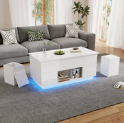 Tavolino da caff¨¨ elevabile 100x50 cm con LED, 2 cassetti e 2 sgabelli bianco