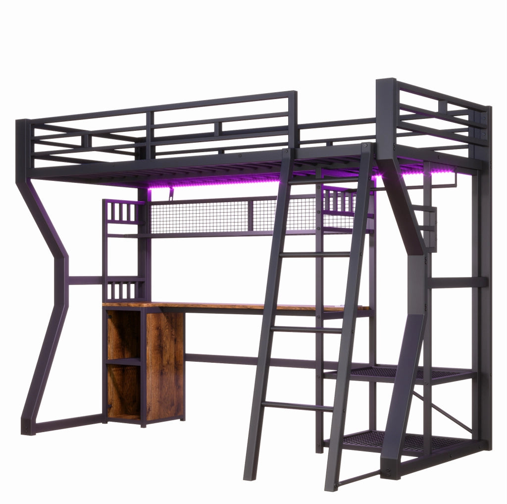 Letto a soppalco 90x200 cm con scrivania; LED; presa e appendiabiti nero HOMVRA