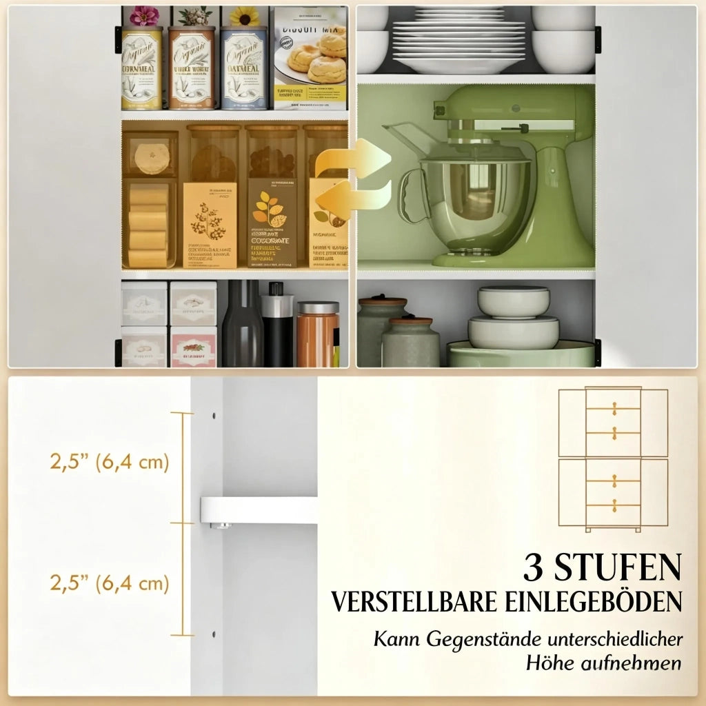 Credenza da cucina alta a 6 ripiani, con 4 ante in vetro e 4 mensole regolabili