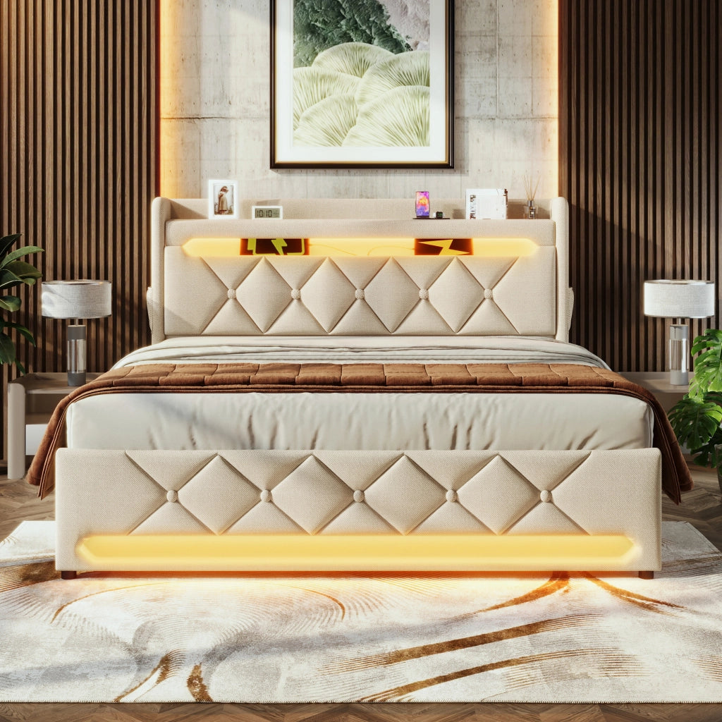 DESMIU Letto Contenitore 140 × 200 cm 2 posti con LED, USB, Type-C e vano idraulico, con materasso, beige