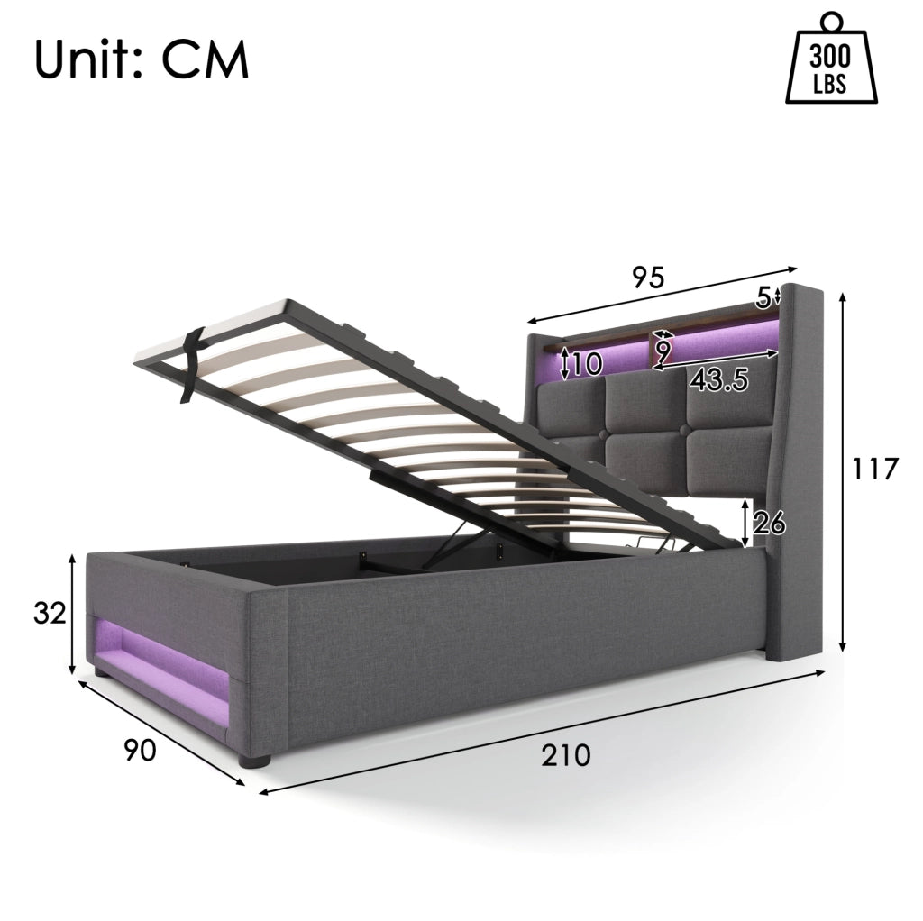 Letto imbottito 90x200 cm con materasso, LED, USB e contenitore in lino grigio