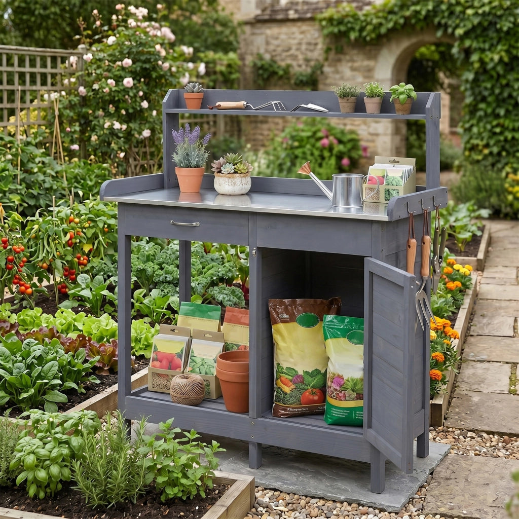 Tavolo da giardinaggio materiale ligneo, Armadietto con 3 ganci perfetto per esterni e giardini Grigio