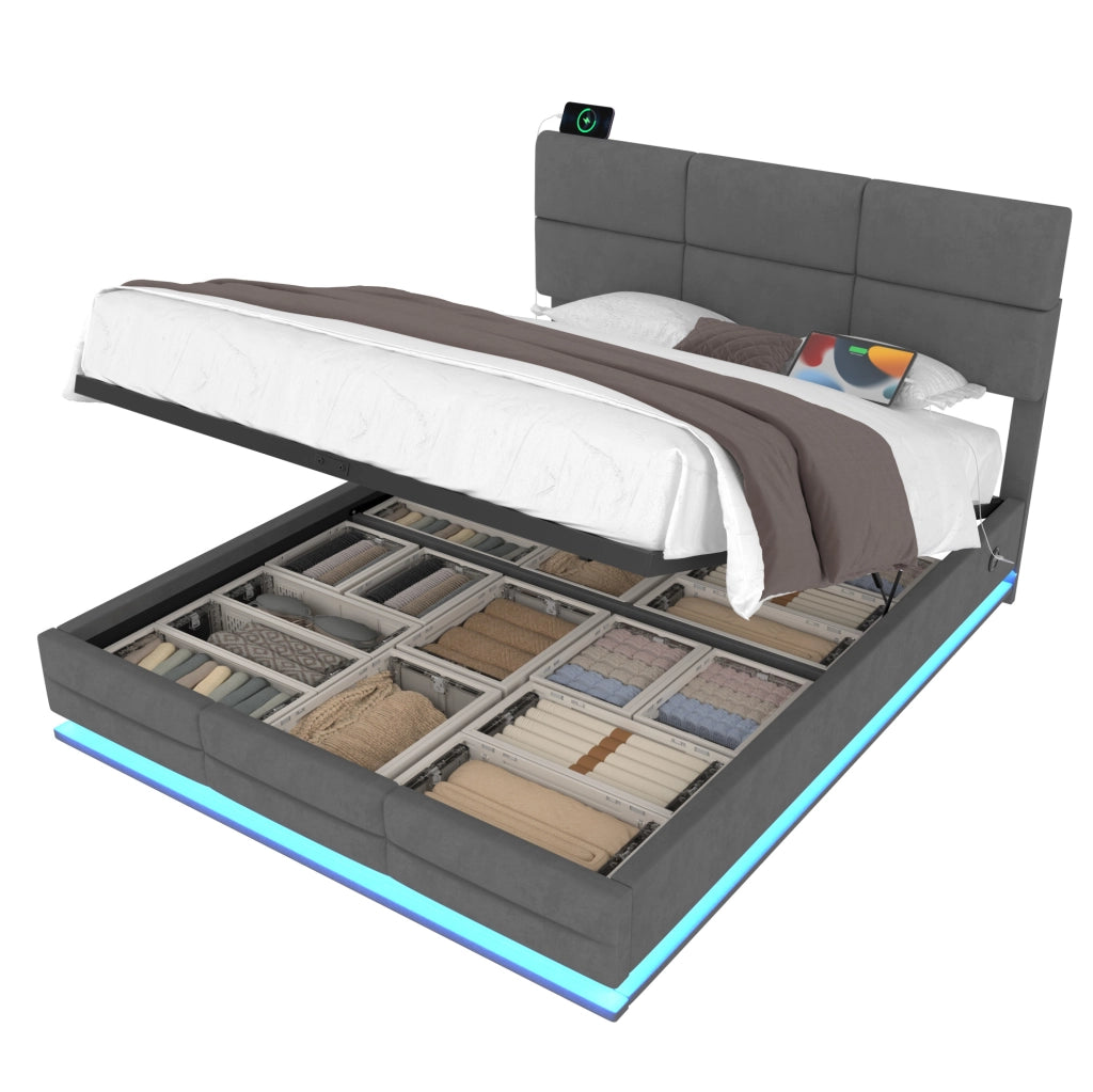 Letto contenitore 180x200 cm in velluto grigio con testiera regolabile; LED dimmerabile e USB