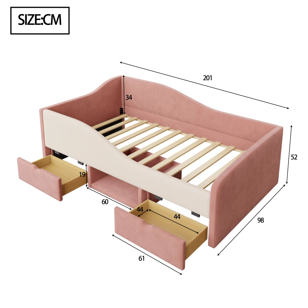 Divano letto 90x190; con 2 cassetti e guide di sicurezza; velluto; rosa e crema