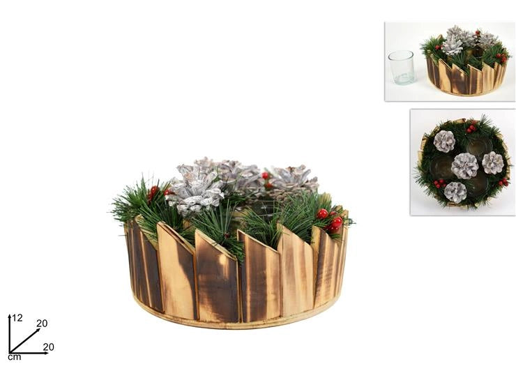 Portacandela in Legno Tondo con Pigne e Bacche 20 cm