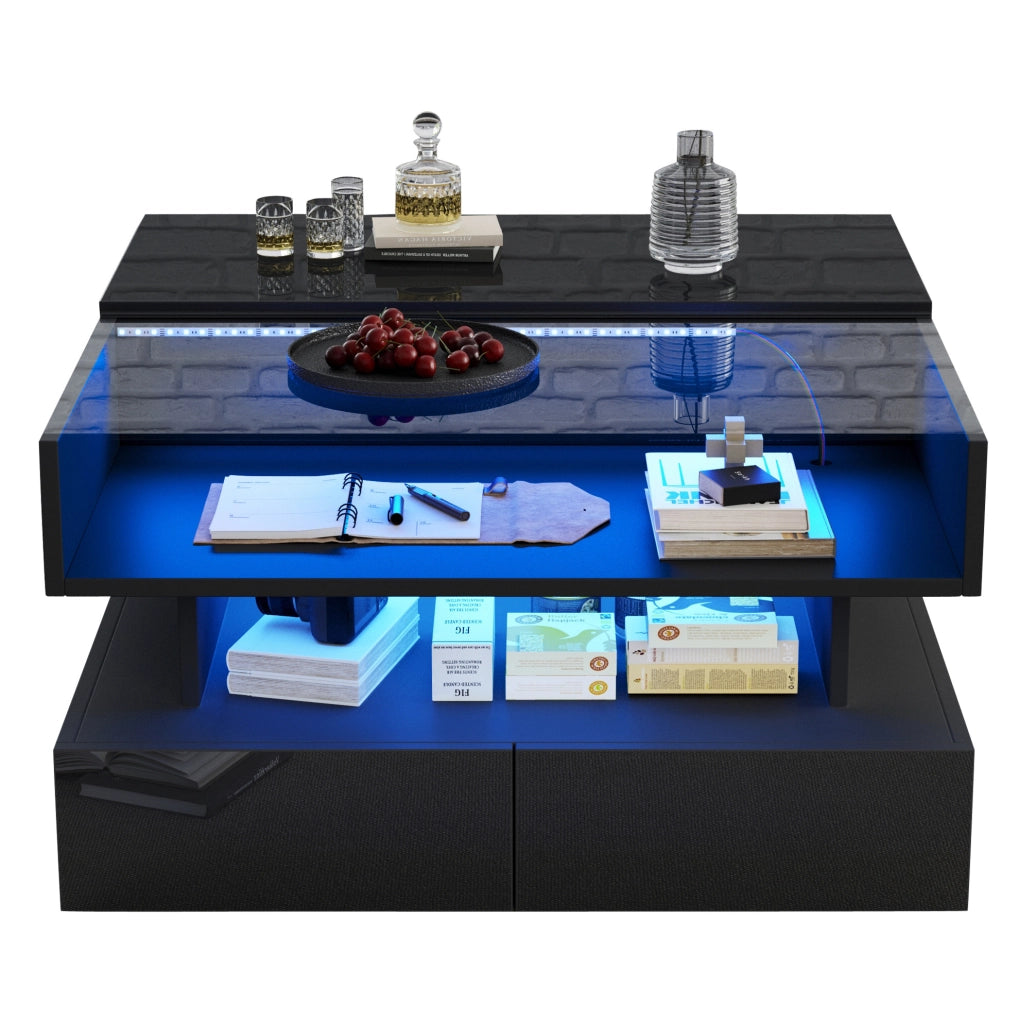 Tavolino da caffè quadrato alzabile 80x80x45 cm con LED; 2 cassetti; vetro temperato; nero
