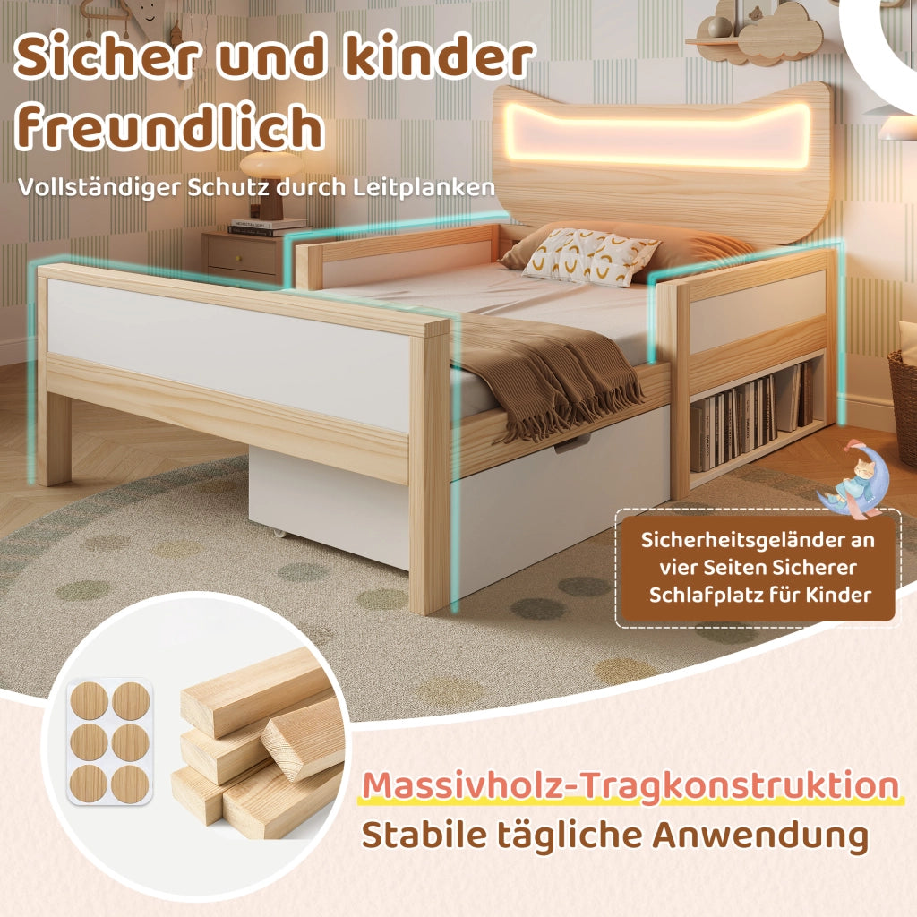 LETTO Bambini 140x200 cm Testiera gatto RGB LED Bianco e Rovere
