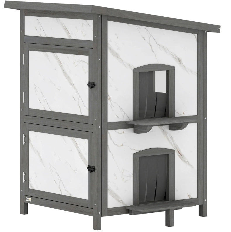 Casetta da esterno per gatti 60x60x88 cm in legno bianco a due livelli -