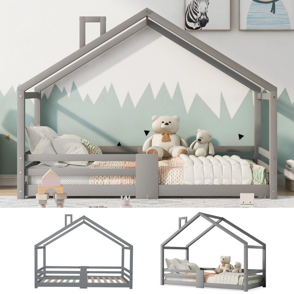 Letto a casetta 90 × 200 cm con protezione anticaduta e 15 doghe in legno grigio senza materasso