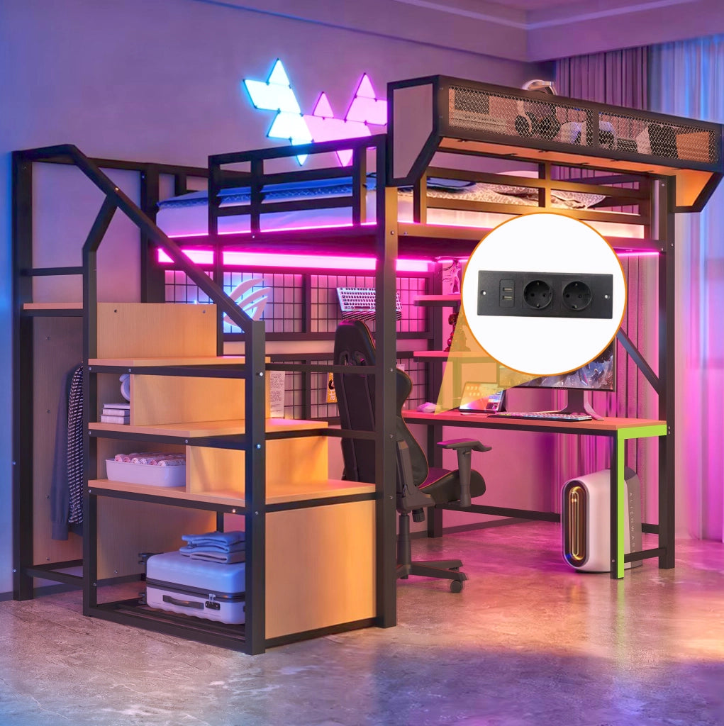 Letto a soppalco 140x200 nero in metallo con scrivania, LED e prese