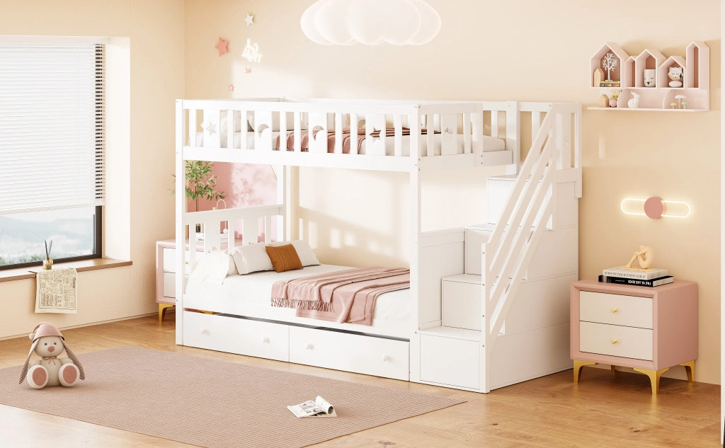 Letto a castello per bambini 90 × 200 cm in legno bianco con scala contenitore due cassetti e doghe