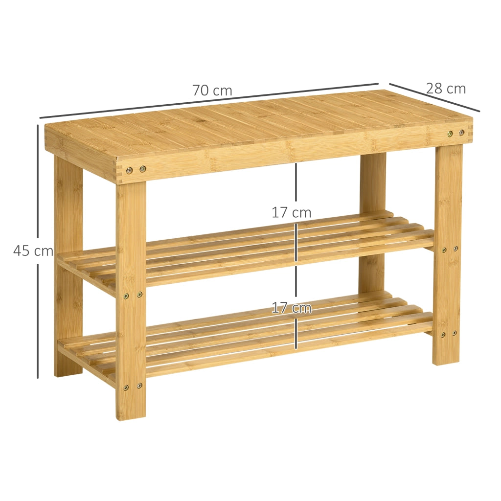 Panca portascarpe a 3 ripiani - con seduta e ripiano superiore - in bambù naturale - 70 × 28 × 45 cm
