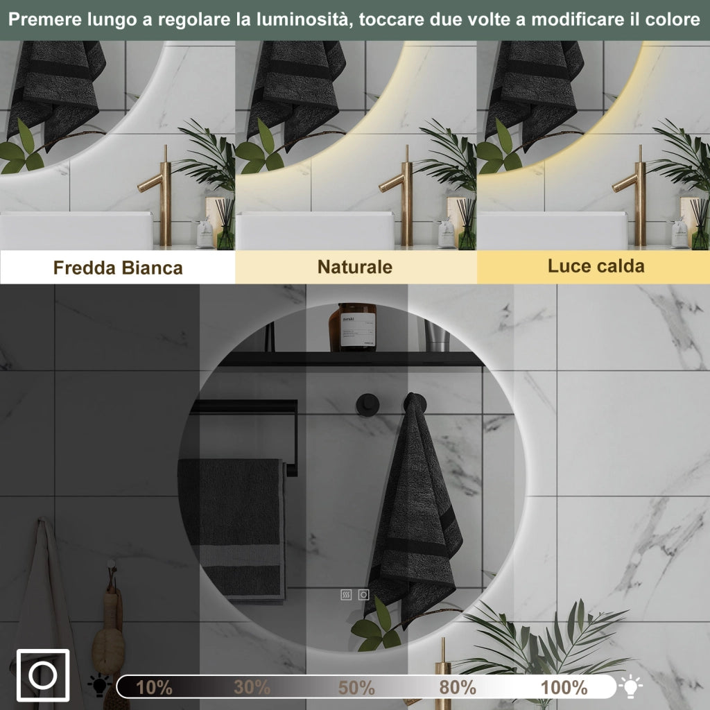 AICA Specchio da bagno 90 x 90 cm, 3 colori, antiappannamento, dimmerabile, interruttore touch, Funzione Memoria