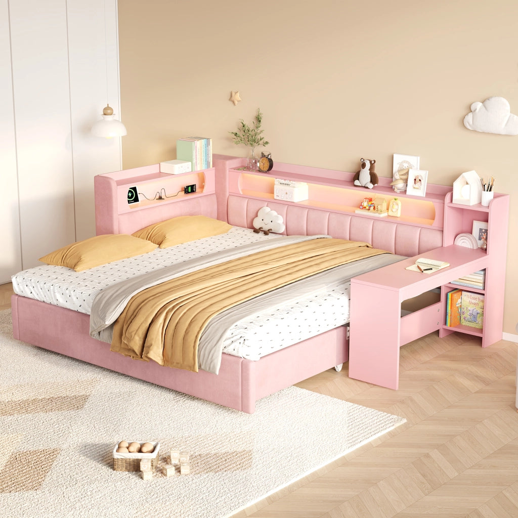 Letto imbottito con LED e giroletto estraibile ¨C Minimal ¨C Rosa velluto 90x200 cm