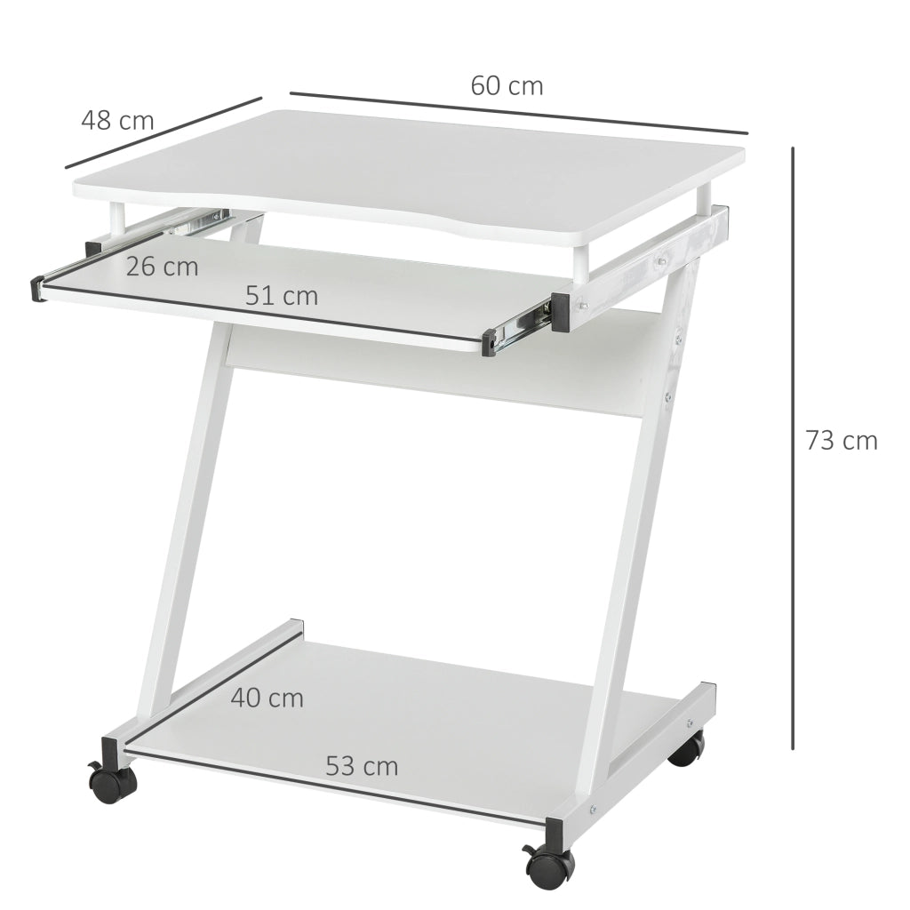 Tavolo Porta PC Classico e Salvaspazio, Piano Tastiera a Scomparsa, 4 Ruote e Ripiano Inferiore Bianco 60x48x73cm