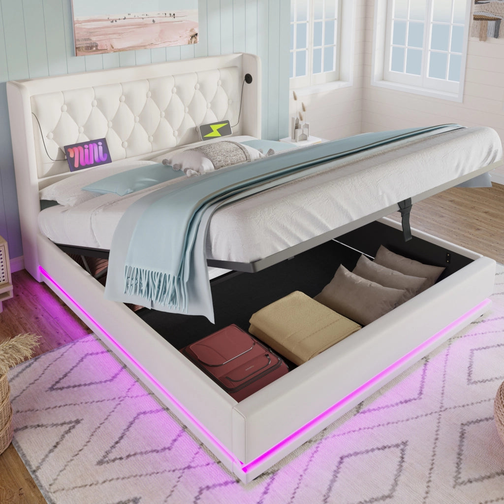 Letto matrimoniale 140x200 cm con contenitore idraulico; LED e USB-C; rivestimento in PU bianco
