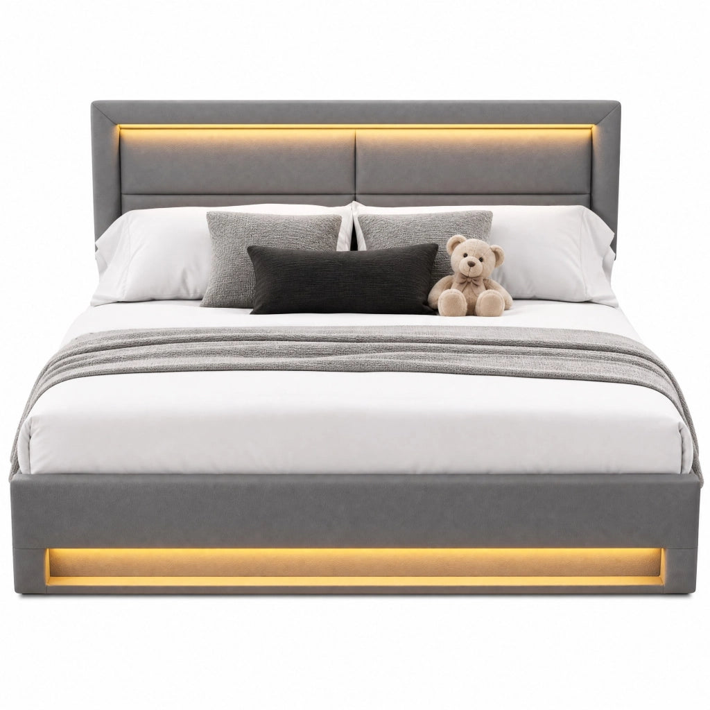 Letto imbottito 140x200 cm in PU grigio con LED e USB
