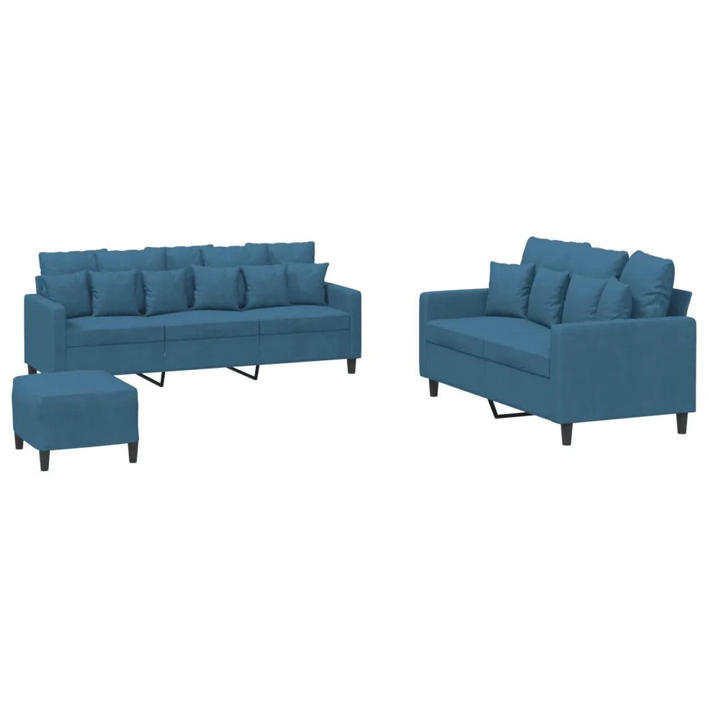 Set di Divani 3 pz con Cuscini Blu in Velluto