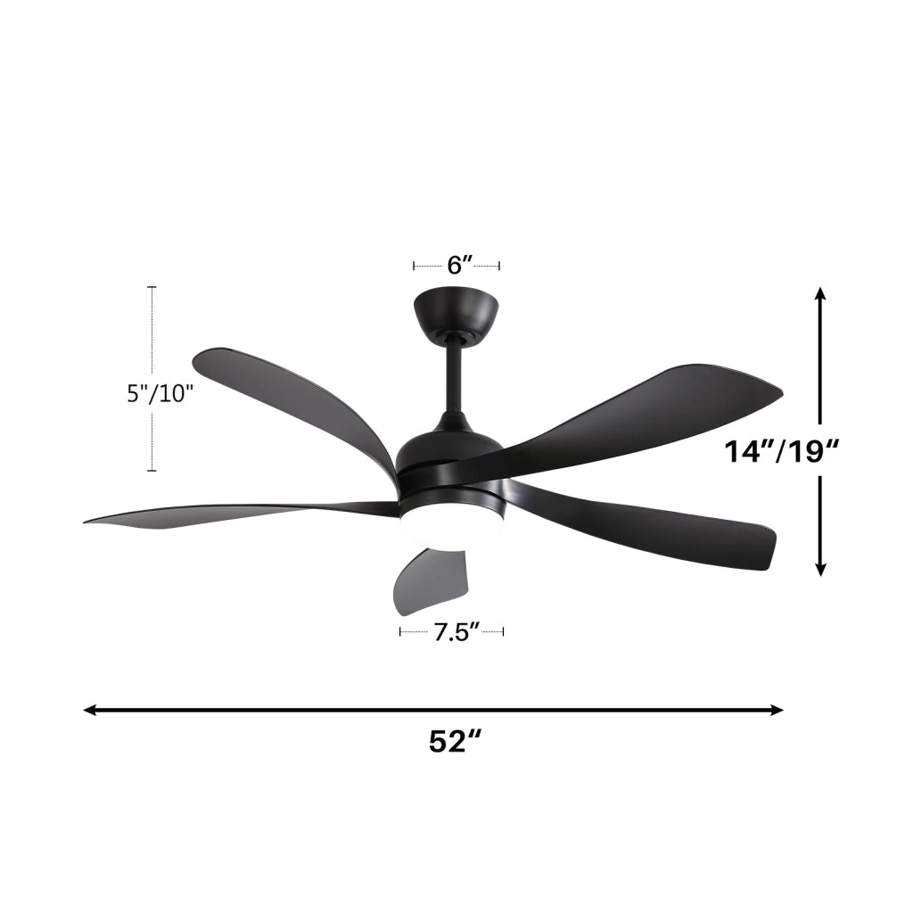 Ventilatore da soffitto 52 pollici con luce LED 18 W dimmerabile; motore DC reversibile; nero; con telecomando