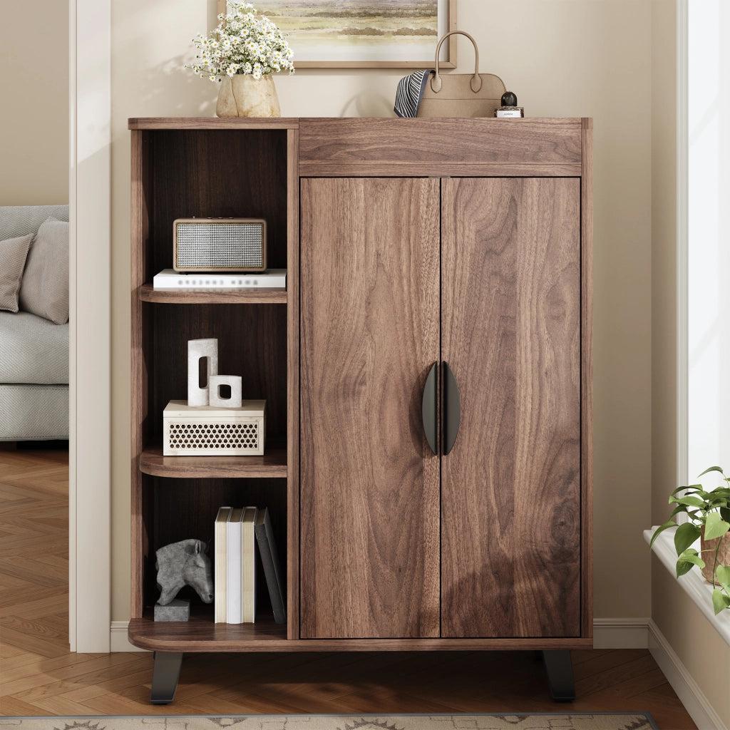 Mobile porta scarpe con 2 ante e vani aperti; ripiano superiore; per ingresso; in truciolare; noce; 80 × 32 × 99 cm