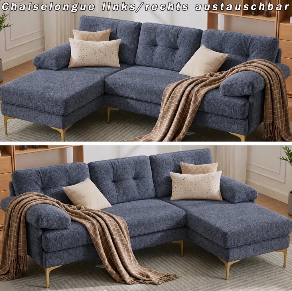 Divano ad angolo a 3 posti 187,5 cm in tessuto Chenille blu con braccioli imbottiti e piedini in metallo