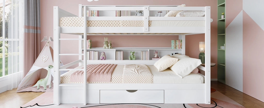 Letto a castello per bambini 90 × 200 cm con cassetto e ripiani laterali in legno bianco