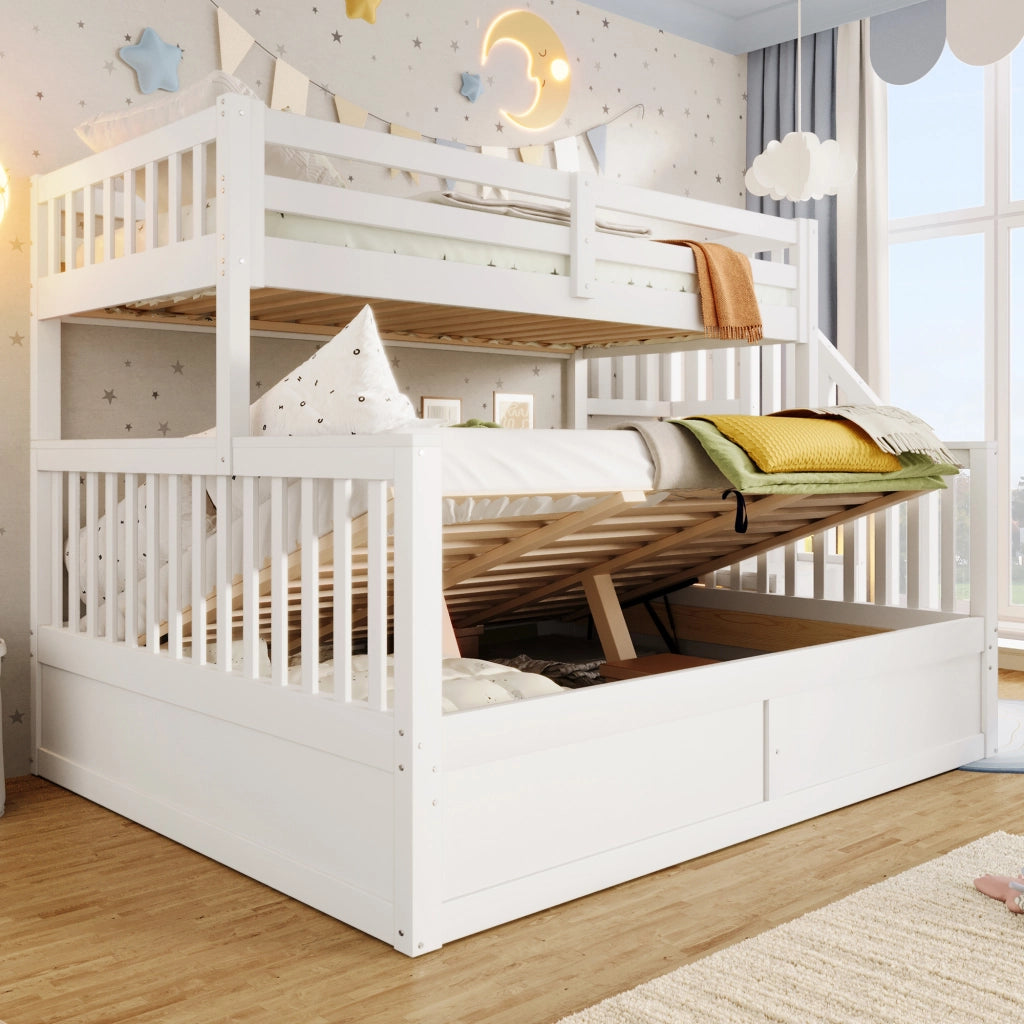 Letto a castello con vano contenitore idraulico e scala con vani in legno bianco e naturale