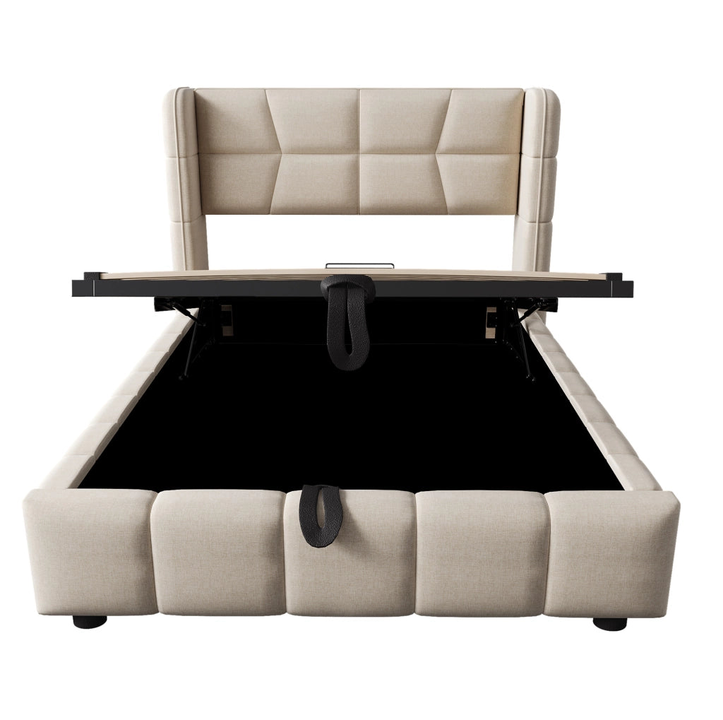 Letto imbottito 90x200 cm beige con contenitore e sollevamento