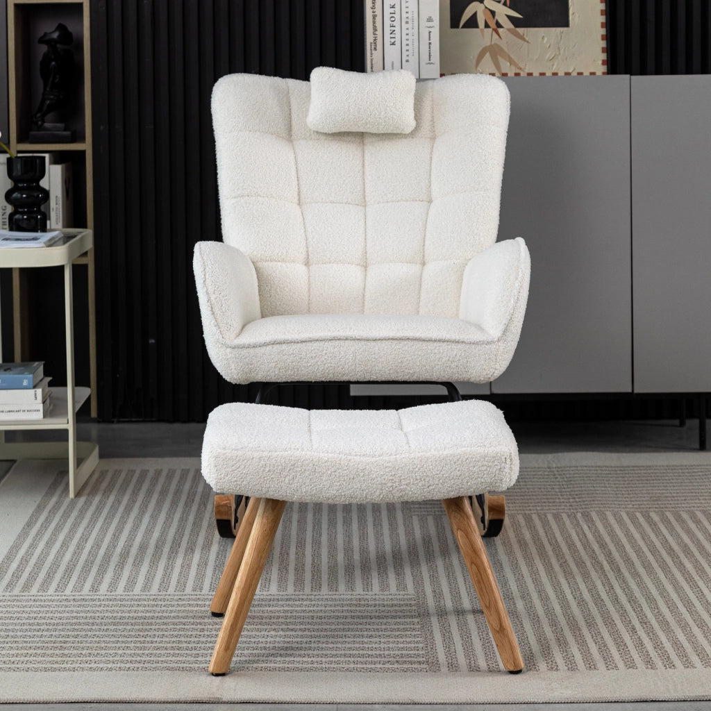 Sedia a dondolo con cuscino e poggiapiedi - struttura in legno - in bouclé bianco