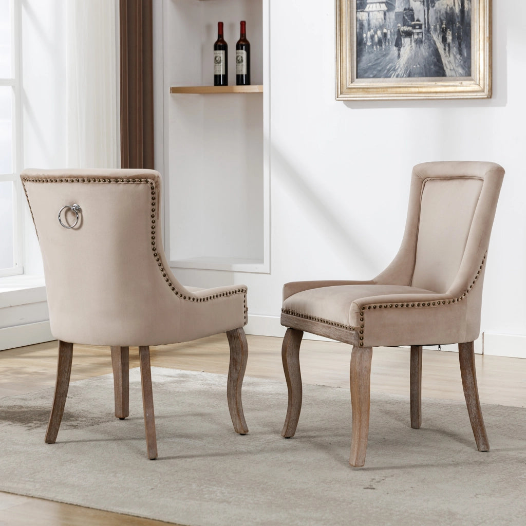 Sedia da Pranzo Sedia Imbottita con Schienale Ergonomico e Gambe in Legno Massello, in Velluto Beige