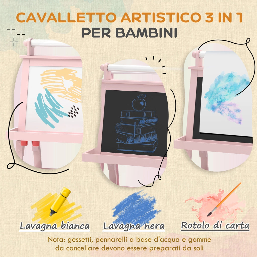 Lavagna per Bambini con Cavalletto 3 in 1 in Legno Rosa con Rotolo Carta e 2 Contenitori Multiuso 59x48x118 cm