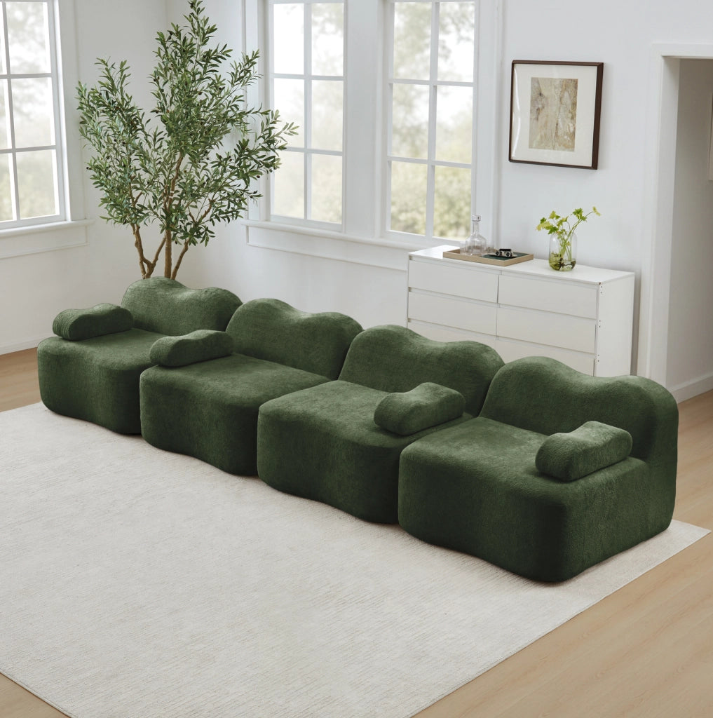 Divano modulare senza struttura interna in velluto verde con schiuma elastica 32D