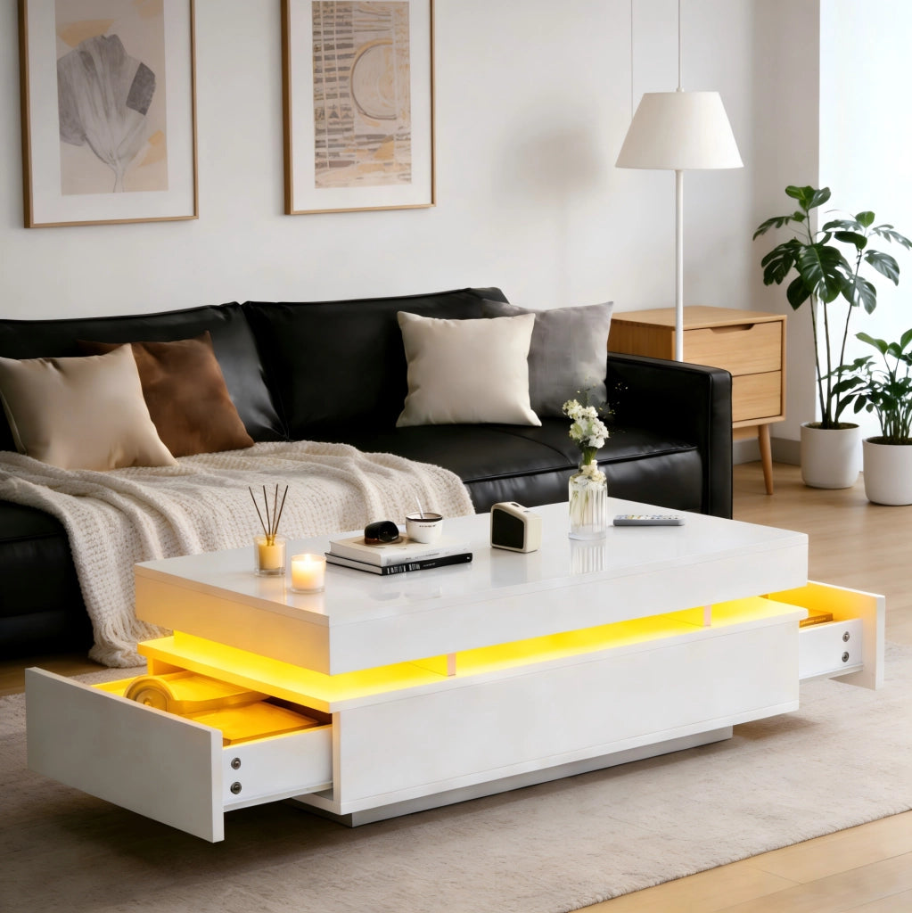 Tavolino da salotto LED 100x50x35 cm con 2 cassetti bianco lucido HOMVRA