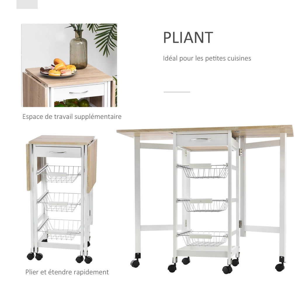 Carrello da cucina con cestini e cassetto ¨C Minimal ¨C metallo bianco quercia chiaro