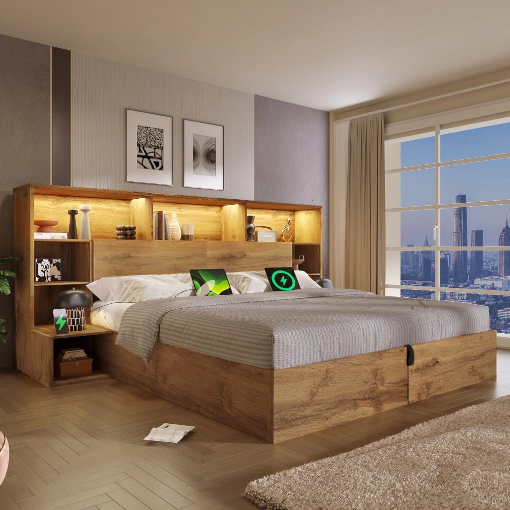 Letto Contenitore 160 x 200 cm; Letto Matrimoniale con USB; Type-C; LED e Comodini