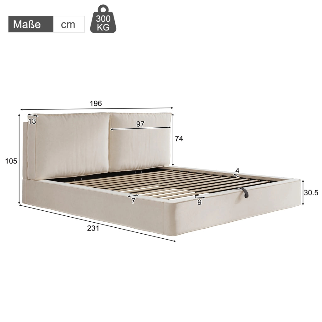 Letto contenitore matrimoniale 180 × 200 cm 2 posti con sollevamento idraulico; senza materasso; in velluto beige