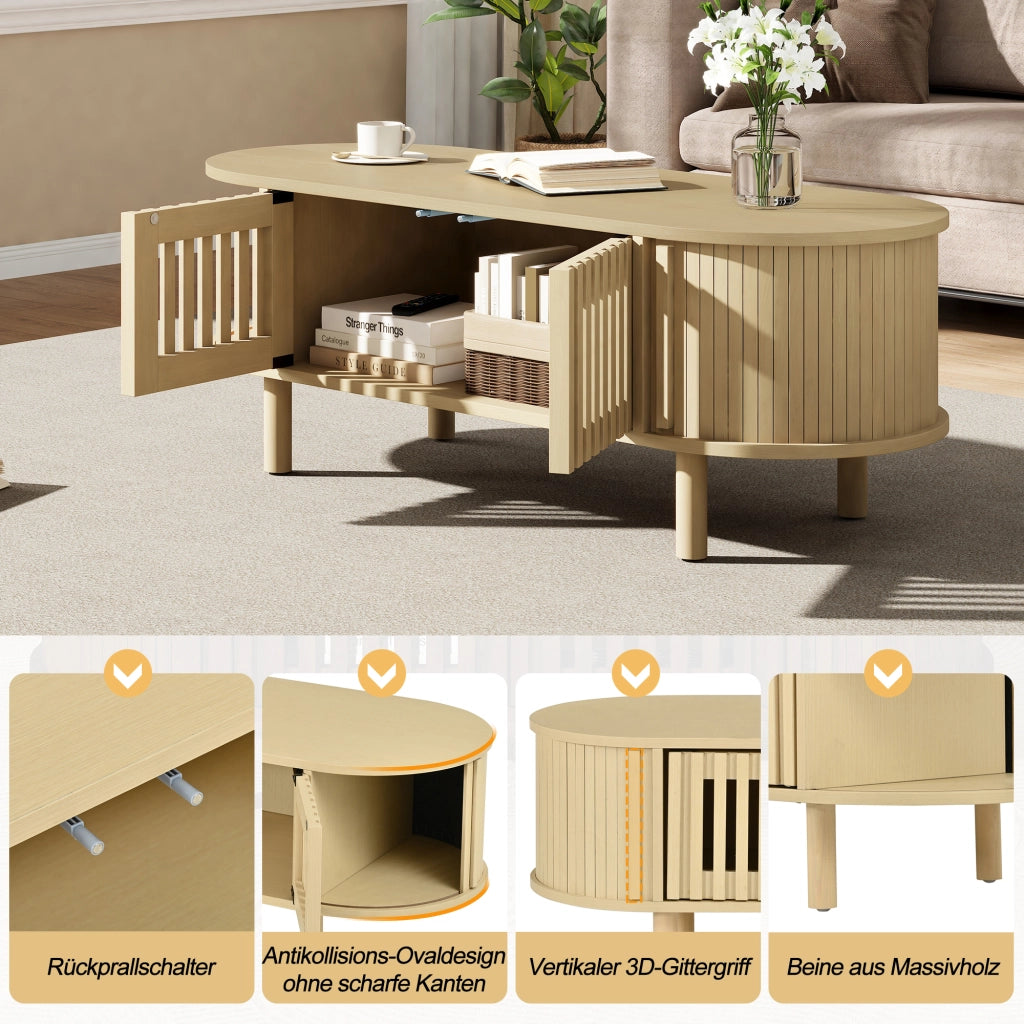 Tavolino basso fisso ovale con 2 ante a lamelle e anta scorrevole avvolgibile in MDF naturale 100 × 40 × 38 cm