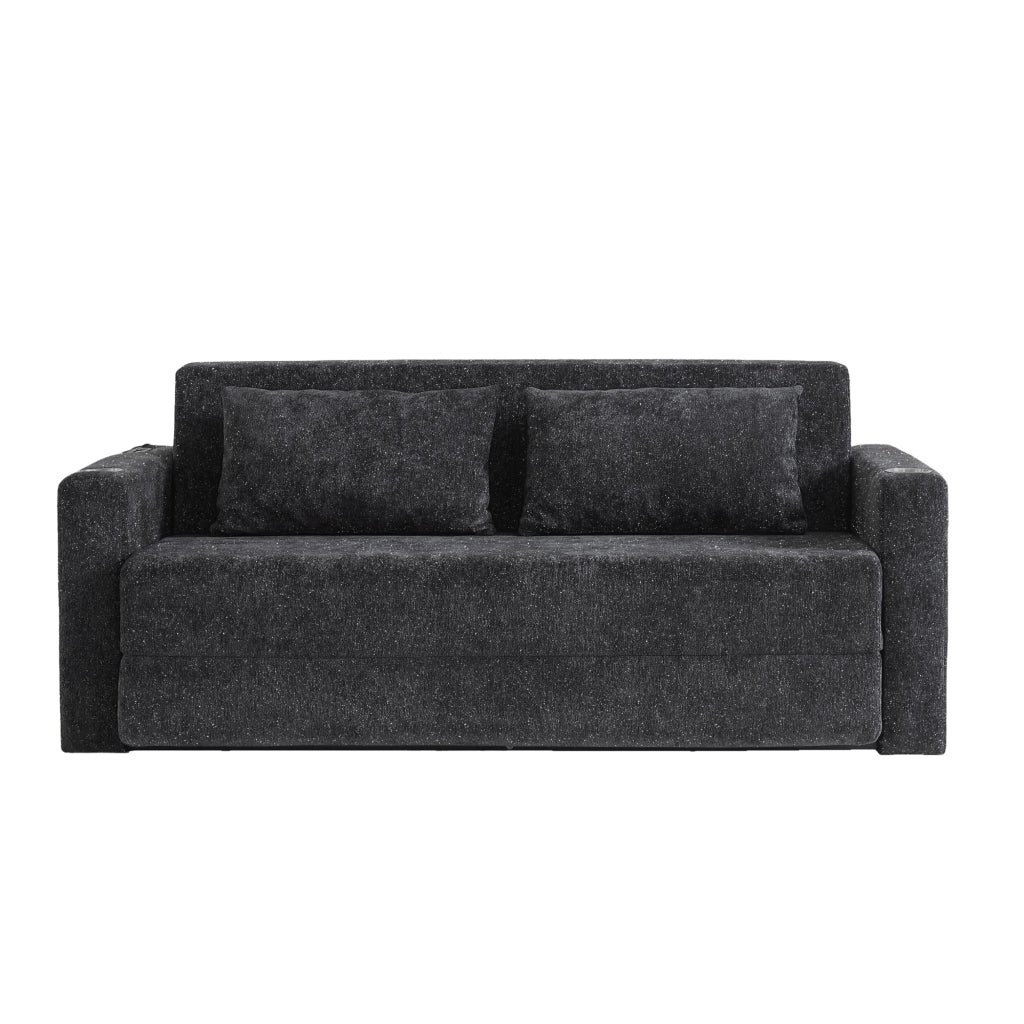 Divano letto 2 posti pieghevole con USB; portabicchieri e tasche laterali; nero/grigio