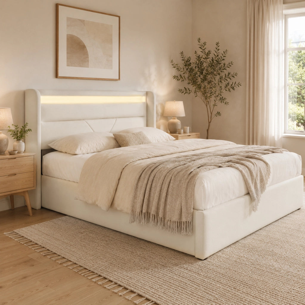 Letto matrimoniale imbottito 160 × 200 cm con contenitore idraulico LED telecomando in PU bianco rete a doghe
