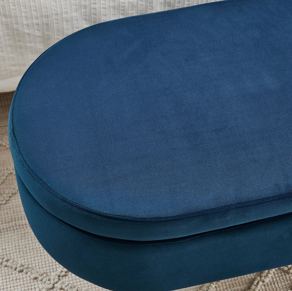 Panca contenitore in velluto blu con struttura in legno massello e gambe in metallo, 110x40x42 cm, 20L di spazio, per soggiorno, camera da letto o ingresso