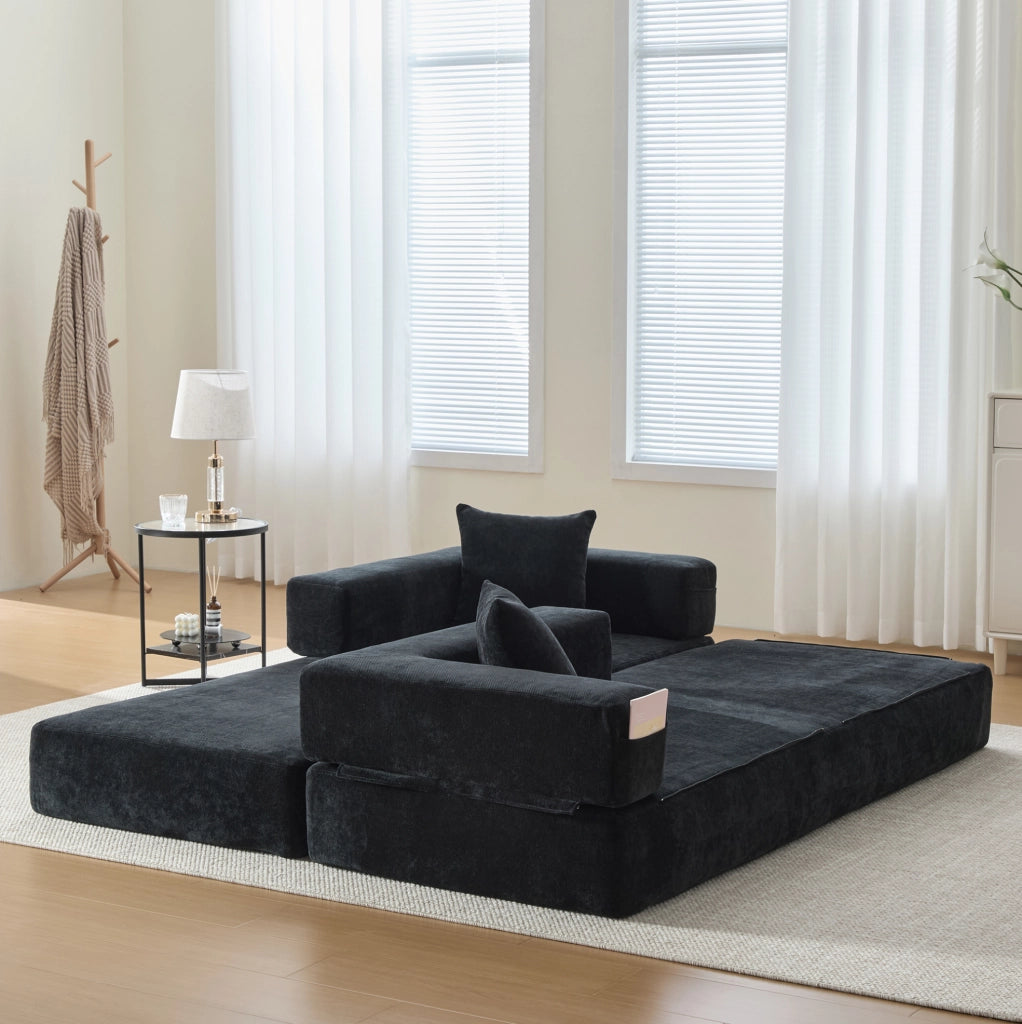 Divano modulare componibile in chenille nero 198x79x60 cm