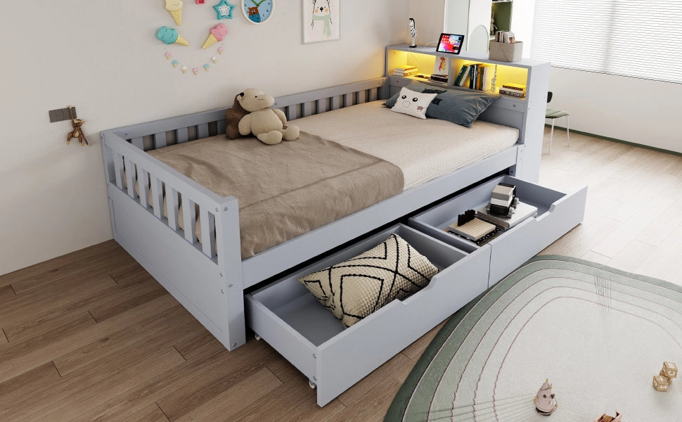 Letto singolo 90x200 cm grigio con cassetti; vani portaoggetti; sponde; LED e presa